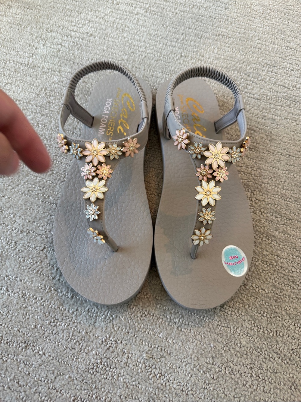 Skechers Taupe Sandals with Pink & White Floral Jewels - Picture 3 of 4